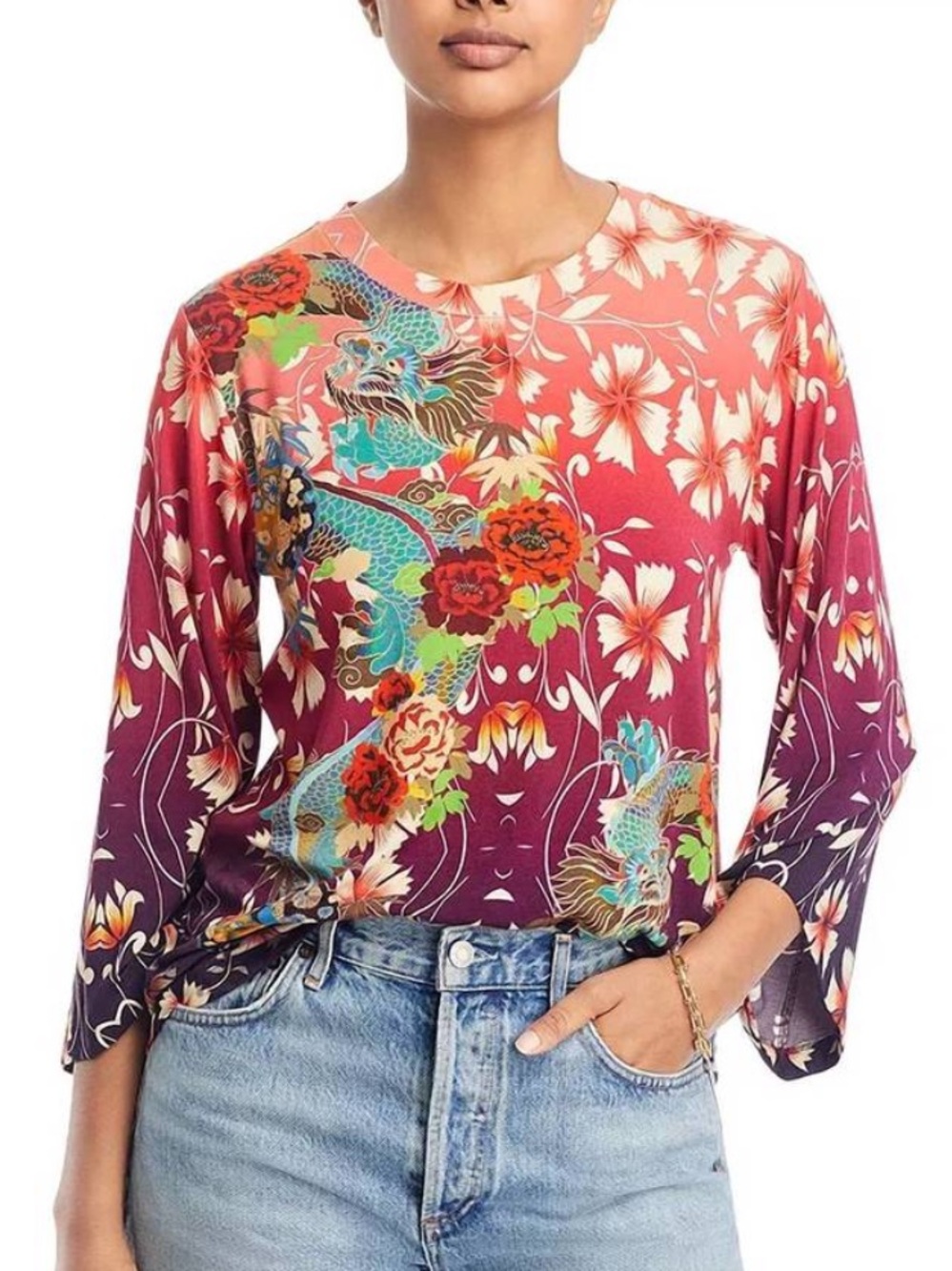 JOHNNY WAS Adalena Dragon Floral Print Kimono Sleeve Top